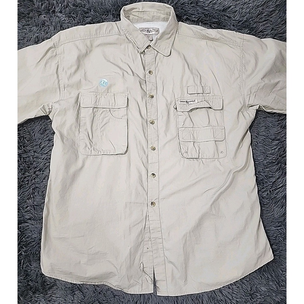 Hi Tech Fishing Gear Hook & Tackle Mens Xl Khaki Short Sleeve 100% cotton Shirt.